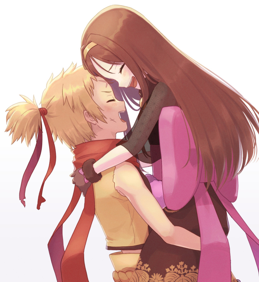 1boy, 1girl, blonde_hair, brown_hair, carrying, chacha_(fate), closed_eyes, cross_scar