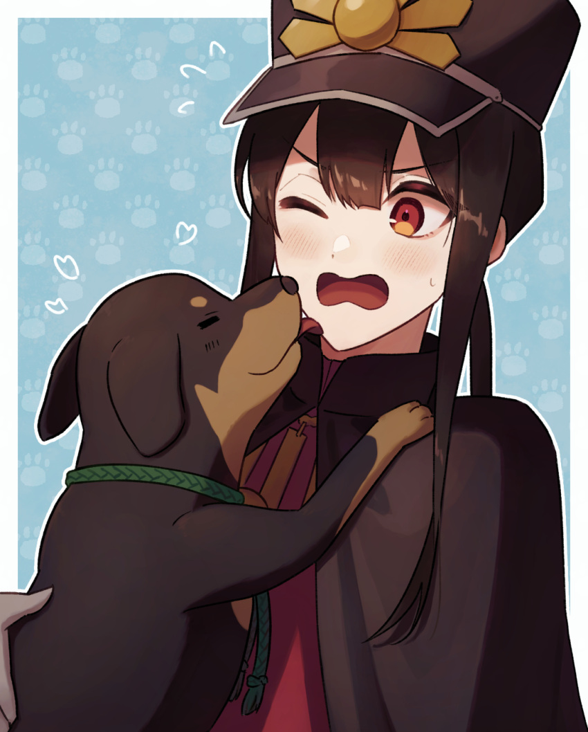 1boy, black_headwear, cape, dog, family_crest, fate/grand_order, fate_(series), hat