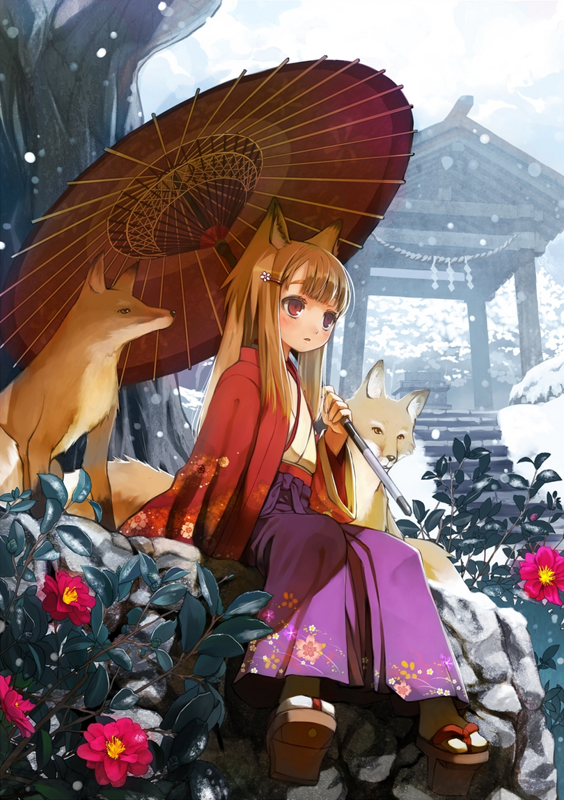 animal_ears, blush, brown_hair, camellia_(flower), floral_print, flower, fox, fox_ears