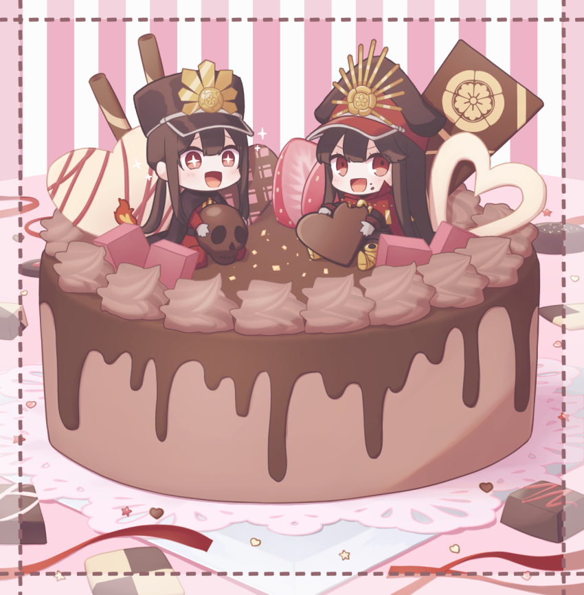 1boy, 1girl, black_headwear, cake, candy, chibi, chocolate, chocolate_cake, family_crest, fate/grand_order, fate_(series), food, hat, heart, heart-shaped_chocolate, highres, long_hair, long_sleeves, oda_nobukatsu_(fate), oda_nobunaga_(fate), oda_uri, peaked_cap, ponytail, red_eyes, siblings, skull, yzrh0
