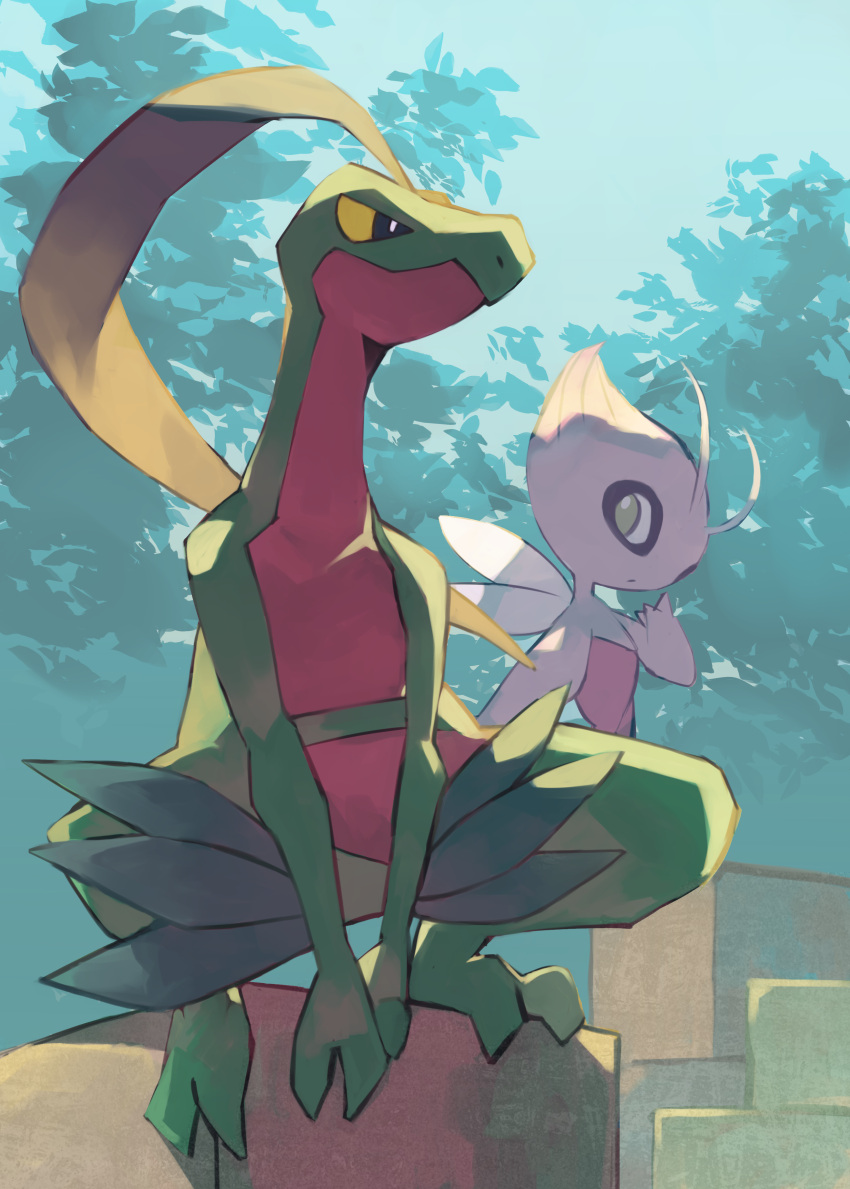 absurdres, alternate_color, black_eyes, bright_pupils, celebi, closed_mouth, colored_sclera, commentary_request