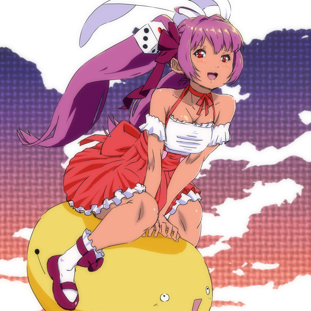 animal_ears, anime_coloring, bare_shoulders, bunny_ears, cloud, cyt, di_gi_charat, flying