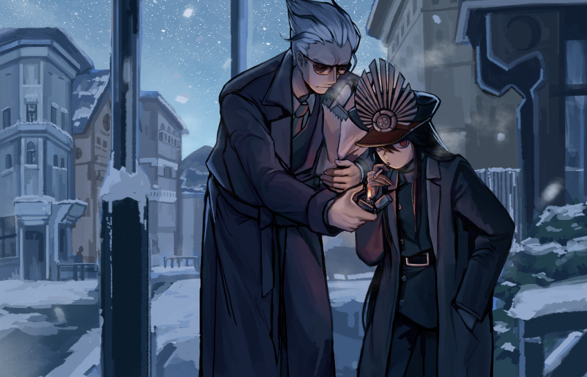 1boy, 1girl, akechi_mitsuhide_(fate), badnick69_(camchi), bag, black_hair, black_headwear, coat