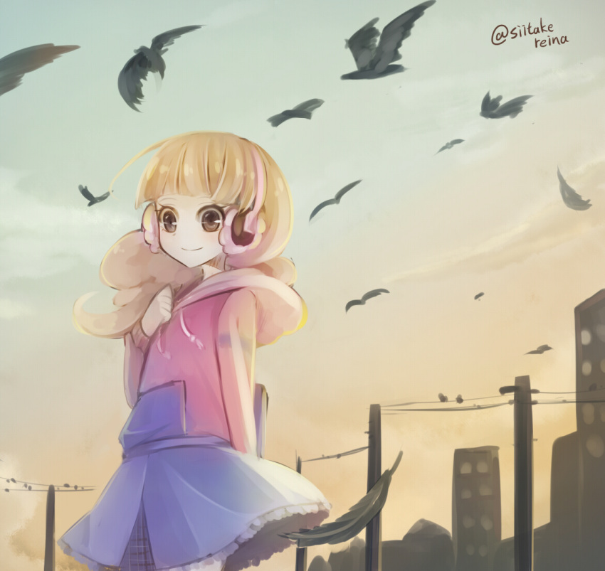 1girl, bird, black_bird, black_feathers, blue_skirt, brown_eyes, brown_hair, building