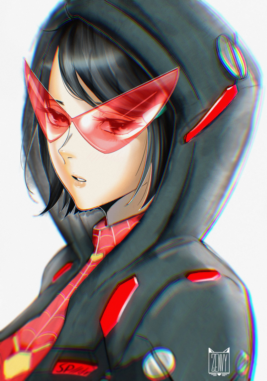 1girl, absurdres, aged_up, artist_logo, artist_name, averting_eyes, bags_under_eyes, black_hair
