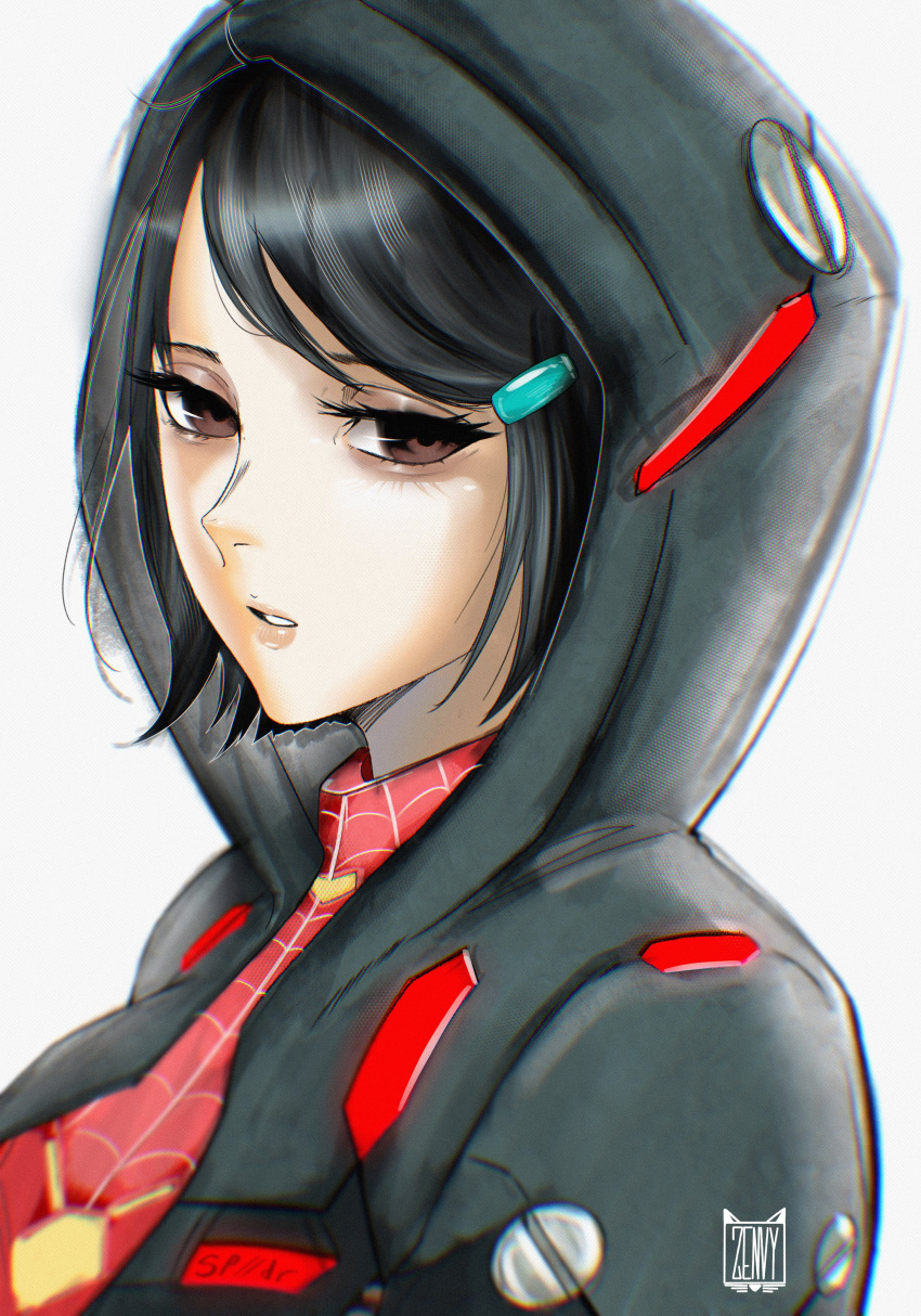 1girl, absurdres, aged_up, artist_logo, artist_name, averting_eyes, bags_under_eyes, black_hair, black_hoodie, bob_cut, bodysuit, breasts, brown_eyes, close-up, depressed, from_side, hair_ornament, hairclip, highres, hood, hood_up, hoodie, itszenvy, lips, looking_to_the_side, lowered_eyelids, making-of_available, marvel, medium_breasts, open_clothes, open_hoodie, parted_lips, peni_parker, pilot_suit, portrait, red_bodysuit, short_hair, simple_background, solo, spider-man_(series), swept_bangs, upper_body, white_background