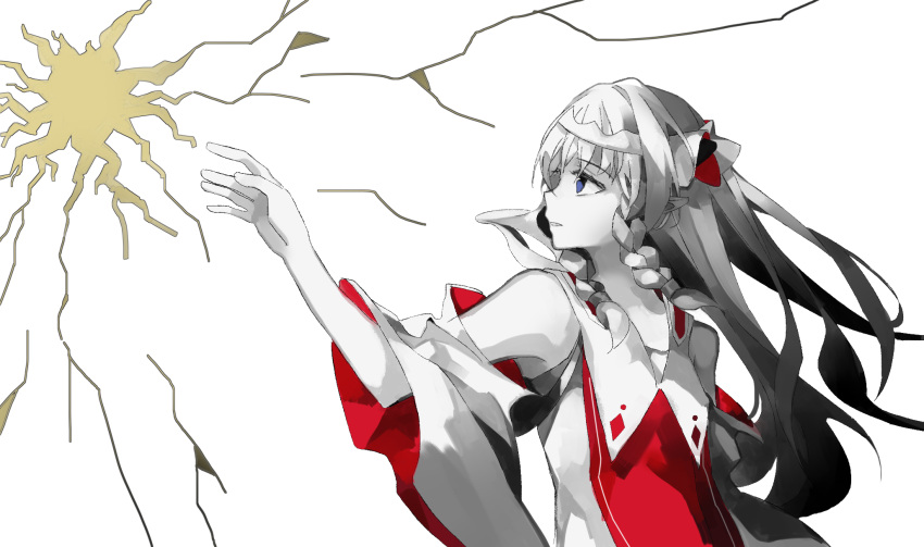 1girl, blue_eyes, braid, colored_skin, falia_the_queen_of_the_mountains, flat_chest, gradient_hair, grey_hair