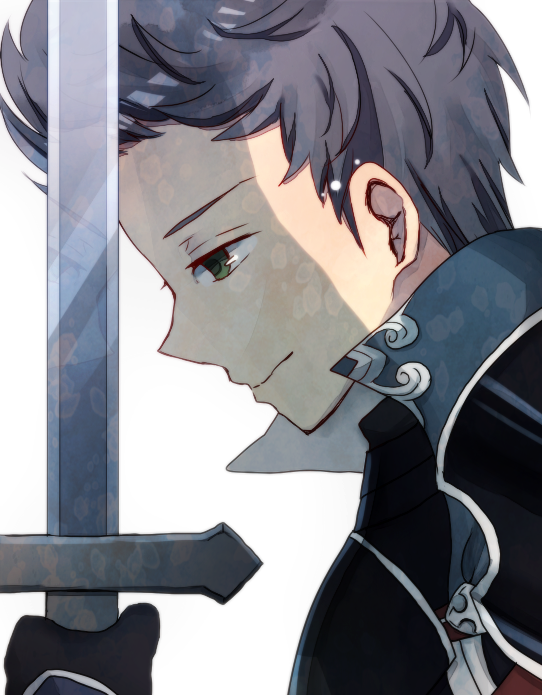 1boy, armor, closed_mouth, fire_emblem, fire_emblem_fates, green_eyes, grey_hair, hair_slicked_back