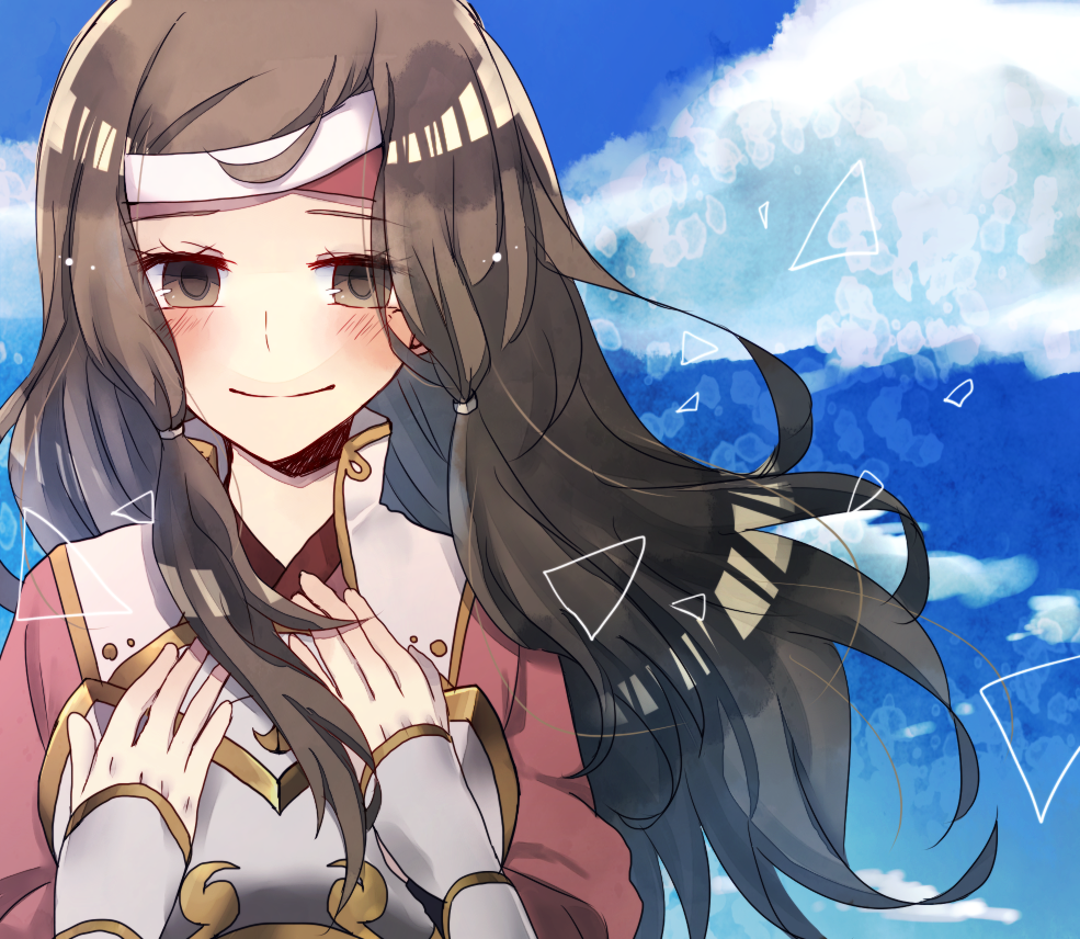 1girl, armor, brown_eyes, brown_hair, clouds, cloudy_sky, fire_emblem, fire_emblem_fates
