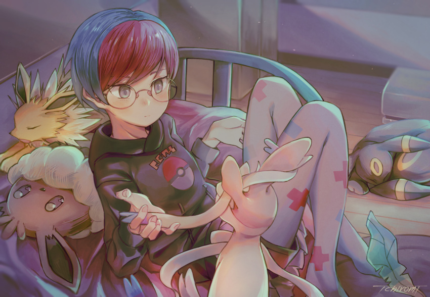 1girl, black_hoodie, blue_hair, glasses, green_eyes, hood, hoodie, ichiromi