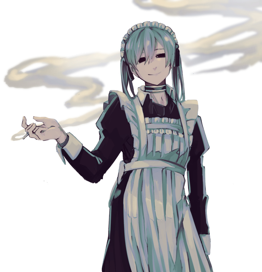 1girl, apron, aqua_hair, black_choker, black_dress, choker, cigarette, closed_mouth