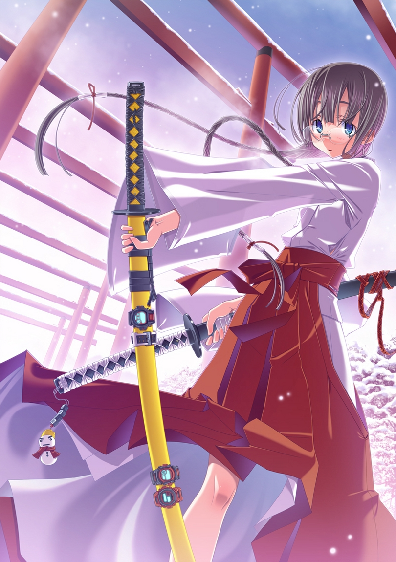 braid, brown_hair, dual_wielding, glasses, japanese_clothes, katana, miko, original