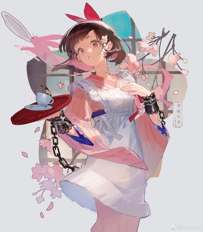 1girl, :o, absurdres, apron, blunt_bangs, bob_cut, bow, branch