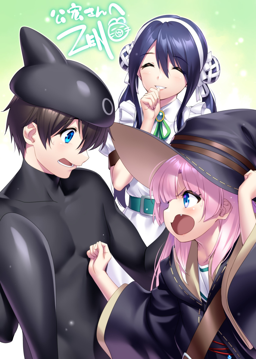 1boy, 2girls, ^_^, absurdres, alternate_costume, alternate_hairstyle, animal_costume, black_hair