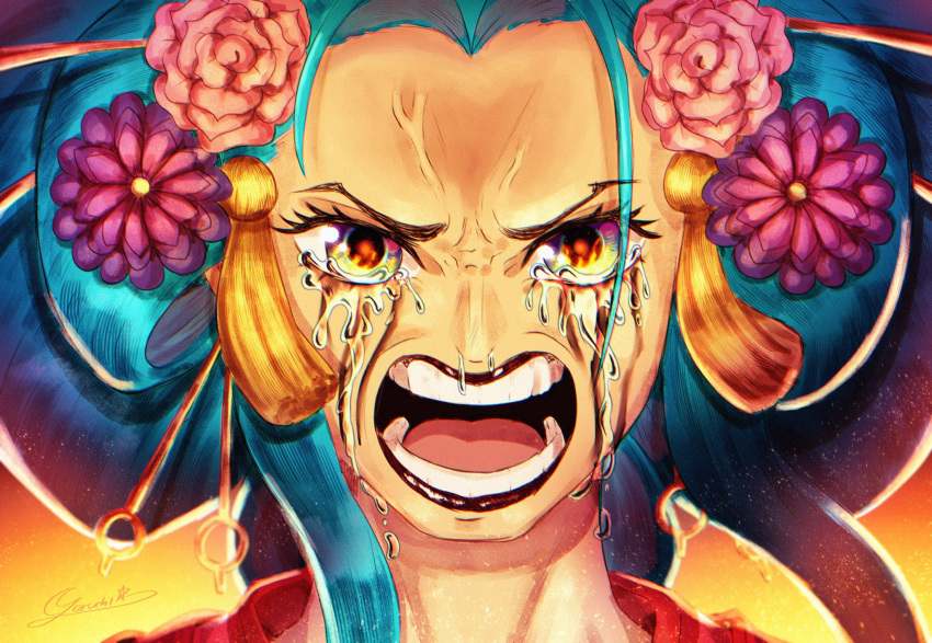 1girl, angry, crying, crying_with_eyes_open, flower, green_hair, hair_flower, hair_ornament, hair_stick, highres, japanese_clothes, kouzuki_hiyori, lipstick, long_hair, looking_at_viewer, makeup, maria_(yoru_chii), one_piece, open_mouth, signature, solo, tears, teeth