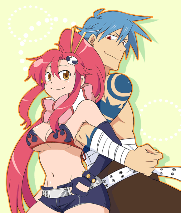 1girl, back-to-back, blue_hair, blush, breasts, couple, kamina, ponytail