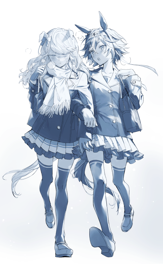 28yanagiii, 2girls, animal_ears, bag, bamboo_memory_(umamusume), blush, breath, buttons
