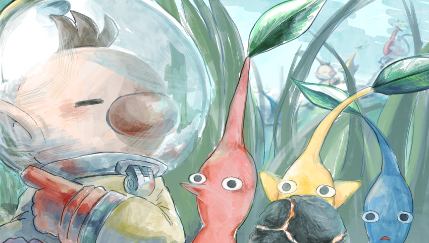 1boy, absurdres, alien, big_nose, blue_pikmin, blush, bomb_rock, brown_hair