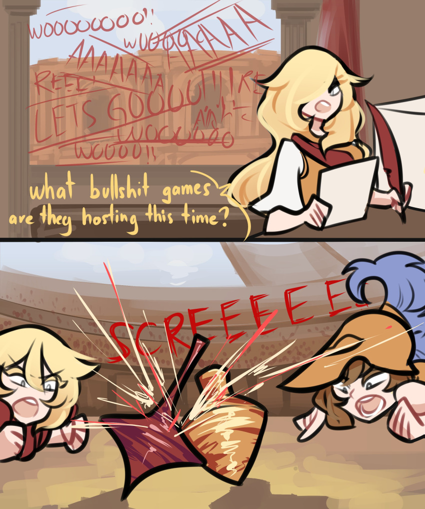 3girls, absurdres, beyblade, blonde_hair, brown_hair, centurii-chan_(artist), clenched_hands, colosseum
