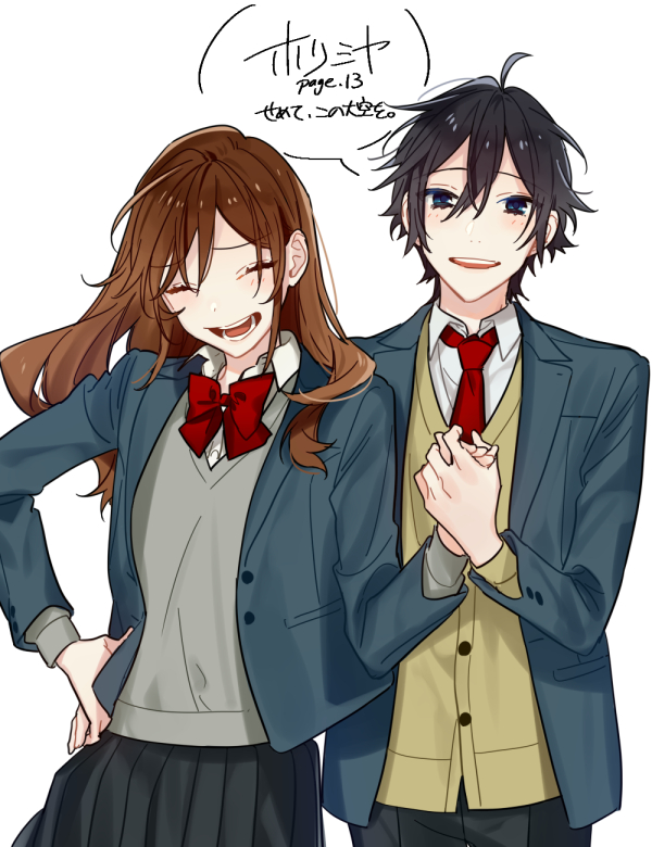 1boy, 1girl, ahoge, black_hair, black_skirt, blazer, blue_eyes, bow