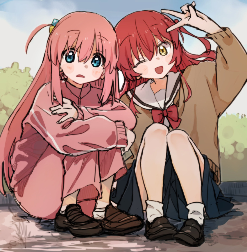 2girls, arm_up, black_footwear, blue_eyes, blue_skirt, blue_sky, blush, bocchi_the_rock!