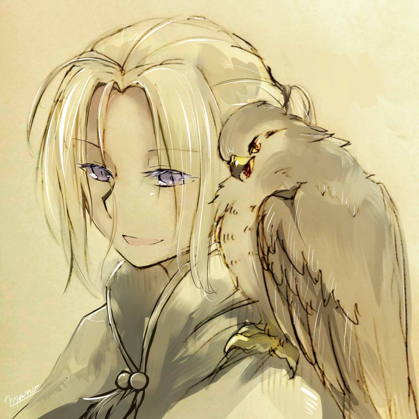 1boy, animal_on_shoulder, arslan, arslan_senki, bird, bird_on_shoulder, cloak, eyelashes