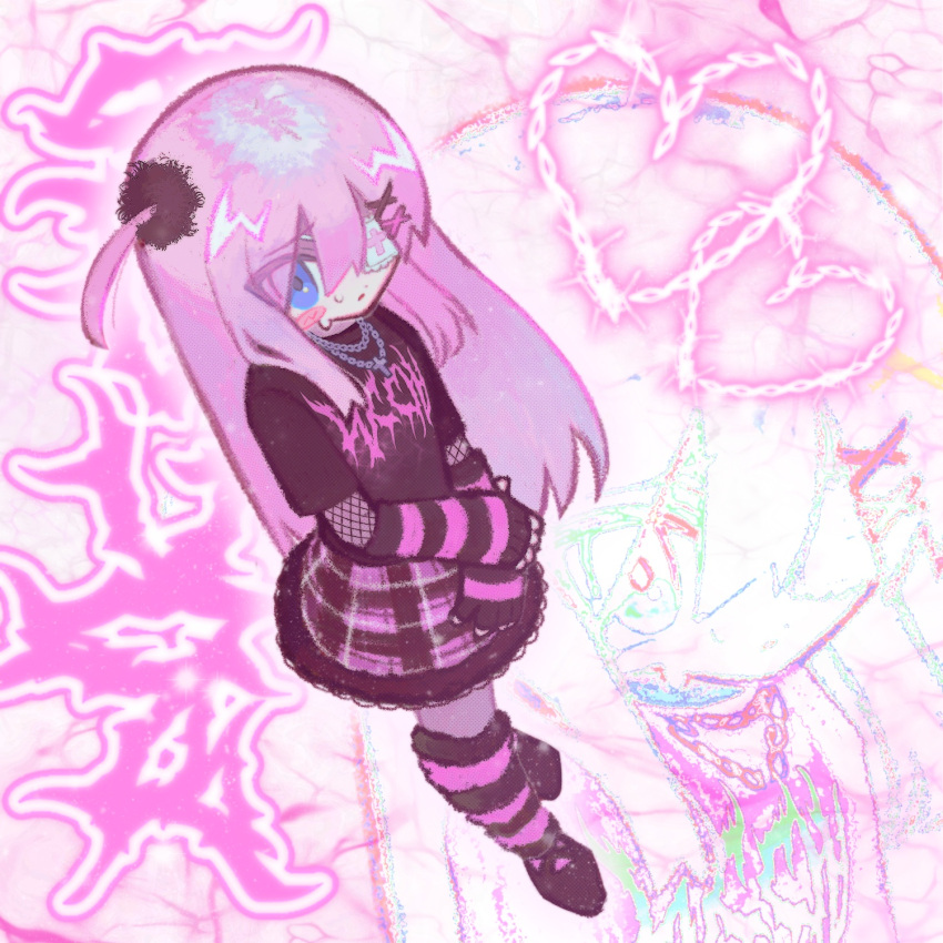 1girl, black_footwear, black_shirt, blue_eyes, bocchi_the_rock!, chain_necklace, character_name, commentary