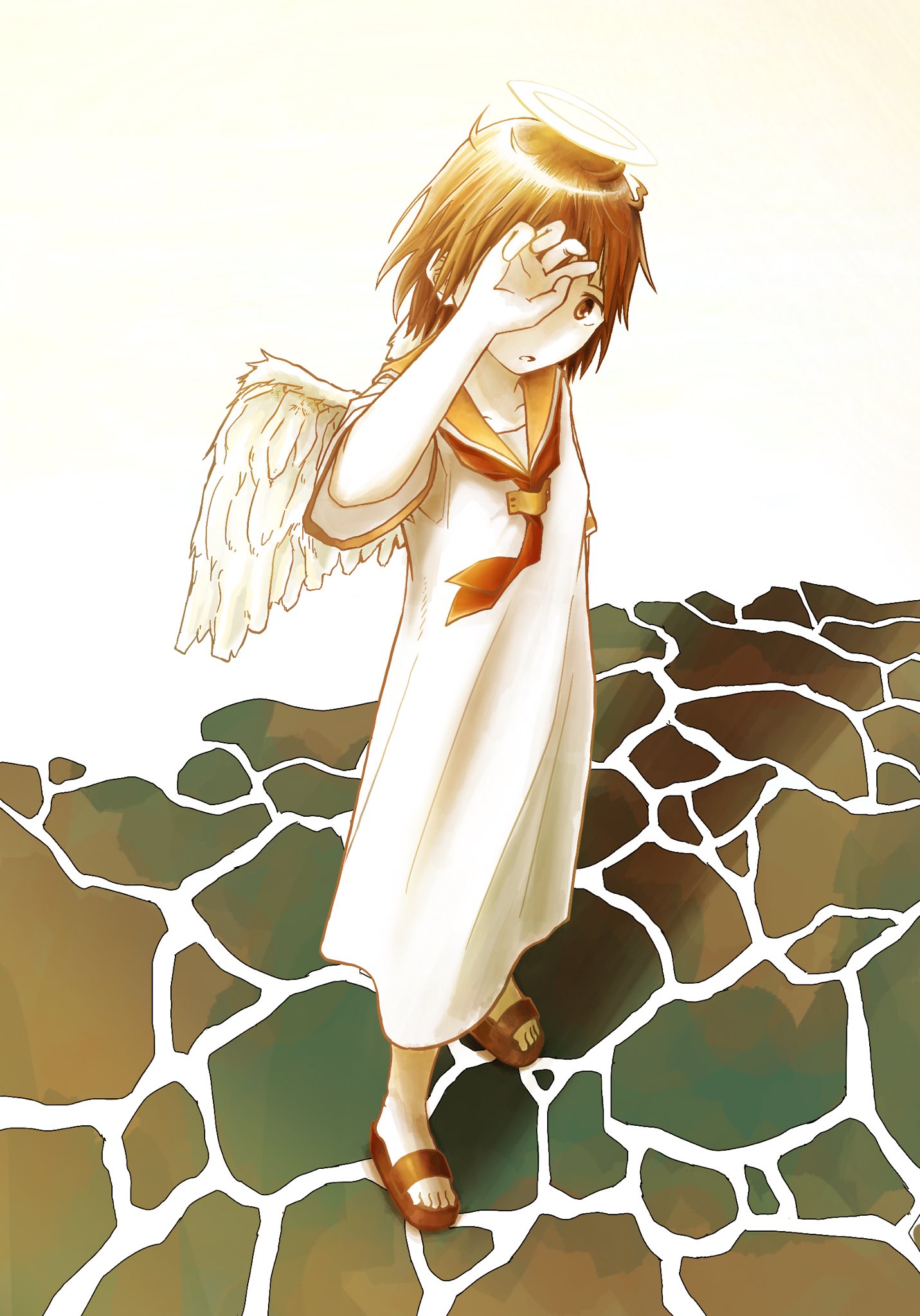 1girl, angel, angel_wings, dress, full_body, haibane_renmei, halo, hand_up