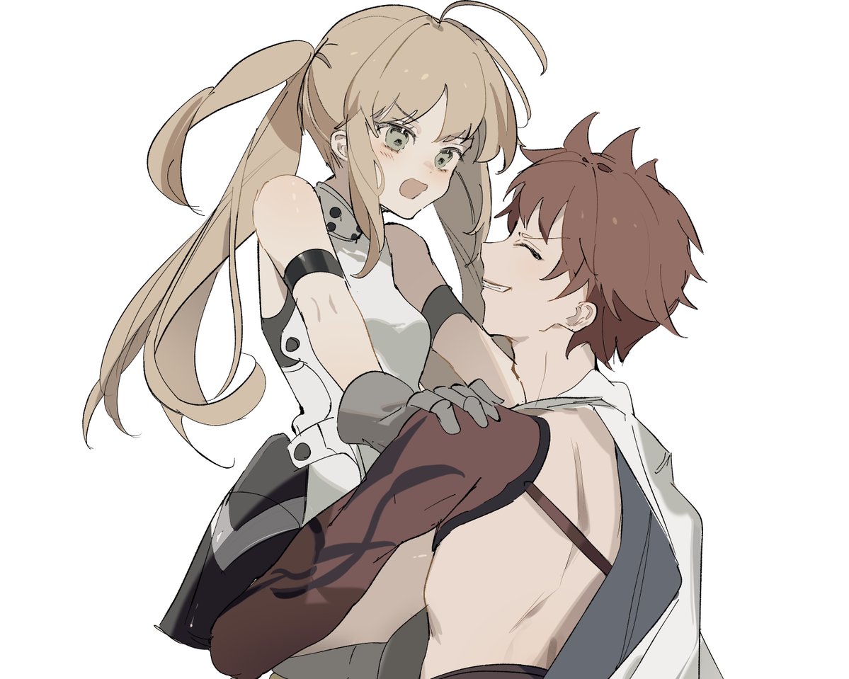 1boy, 1girl, ahoge, artoria_caster_(fate), artoria_caster_(first_ascension)_(fate), artoria_pendragon_(fate), bare_shoulders, blonde_hair, blush, breasts, cape, closed_eyes, emiya_shirou, fate/grand_order, fate_(series), gloves, green_eyes, grey_gloves, hair_between_eyes, holding, long_hair, note_nii, open_mouth, orange_hair, senji_muramasa_(fate), short_hair, small_breasts, teeth, twintails, vest, wet, wet_clothes, white_cape, white_vest