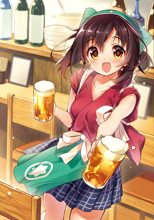 1girl, :d, alcohol, apron, beer, blue_skirt, blush, bottle
