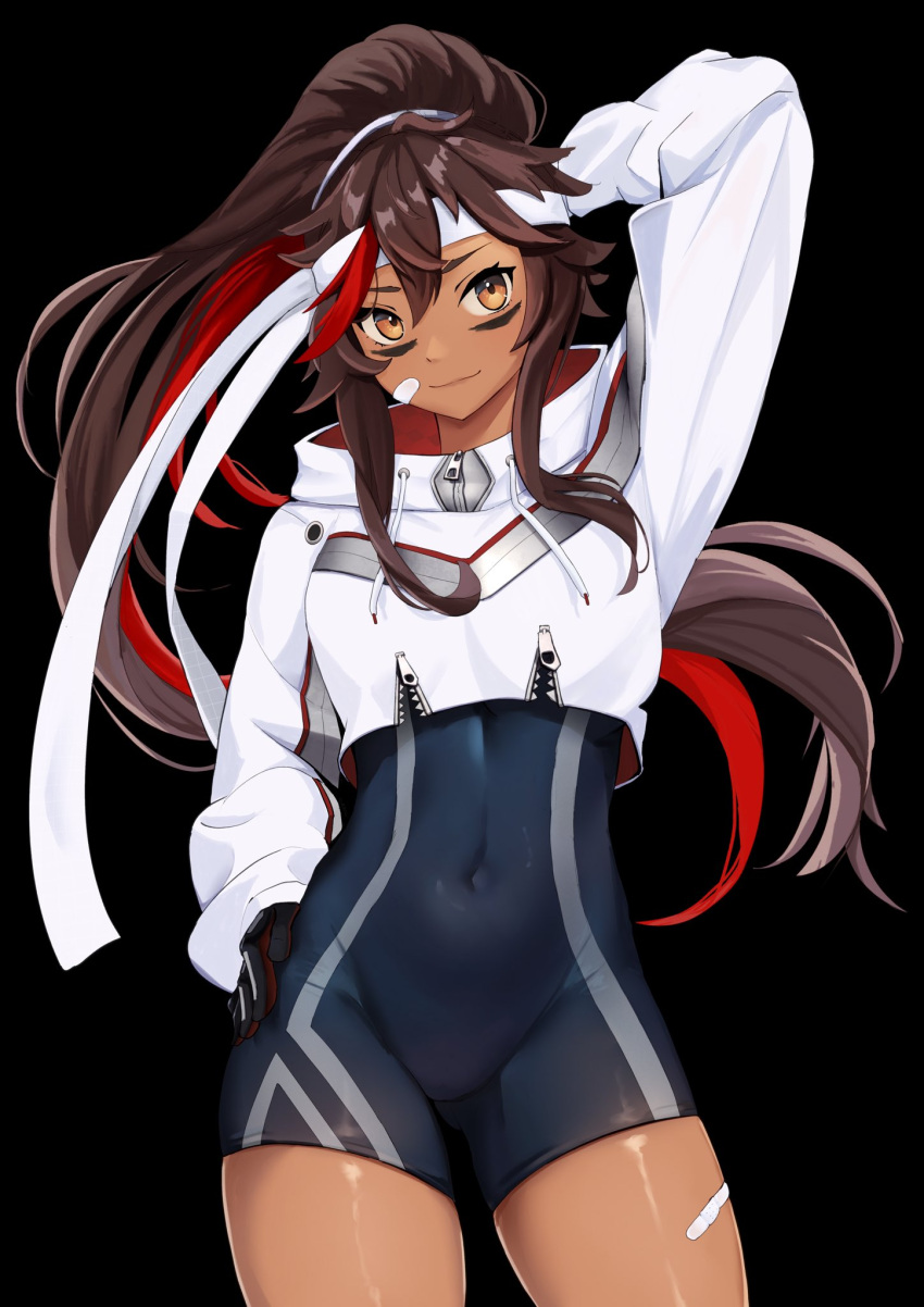 1girl, arm_behind_head, bandaid, bandaid_on_cheek, bandaid_on_face, bandaid_on_thigh, bike_shorts, black_background