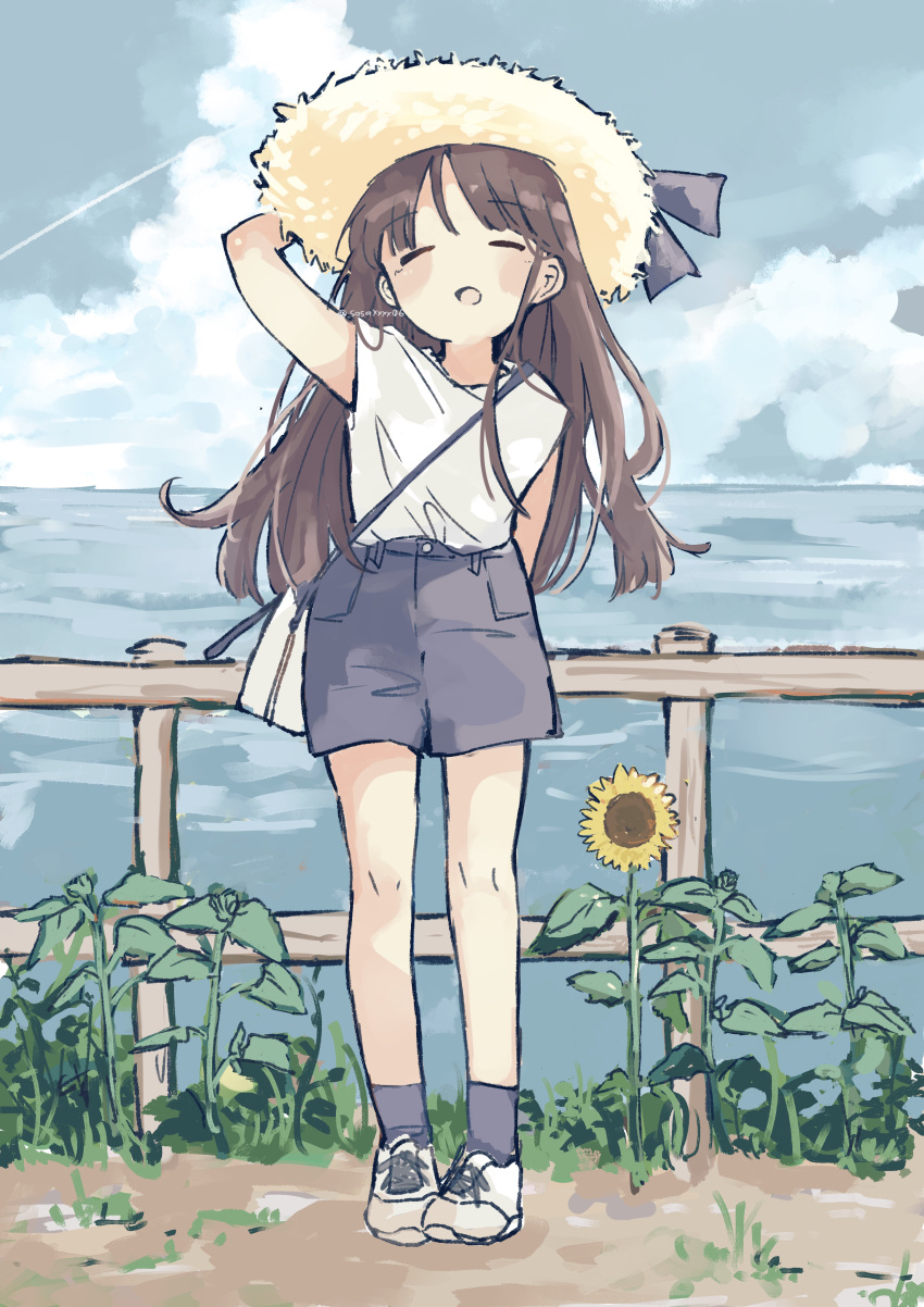 1girl, absurdres, arm_behind_back, black_hair, blush_stickers, closed_eyes, clouds, cloudy_sky