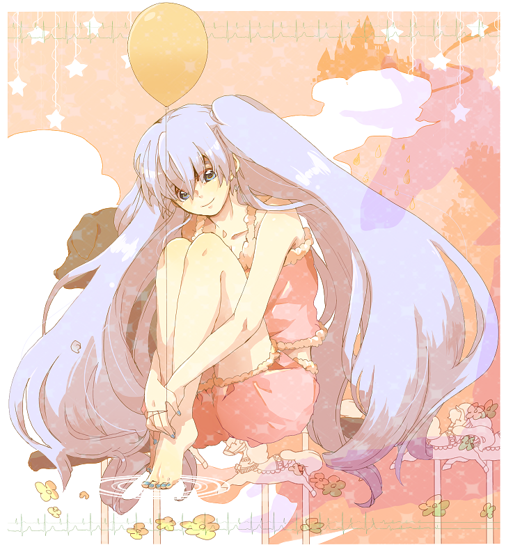 aqua_eyes, aqua_hair, bad_id, balloon, baloon, barefoot, feet, hands_on_feet