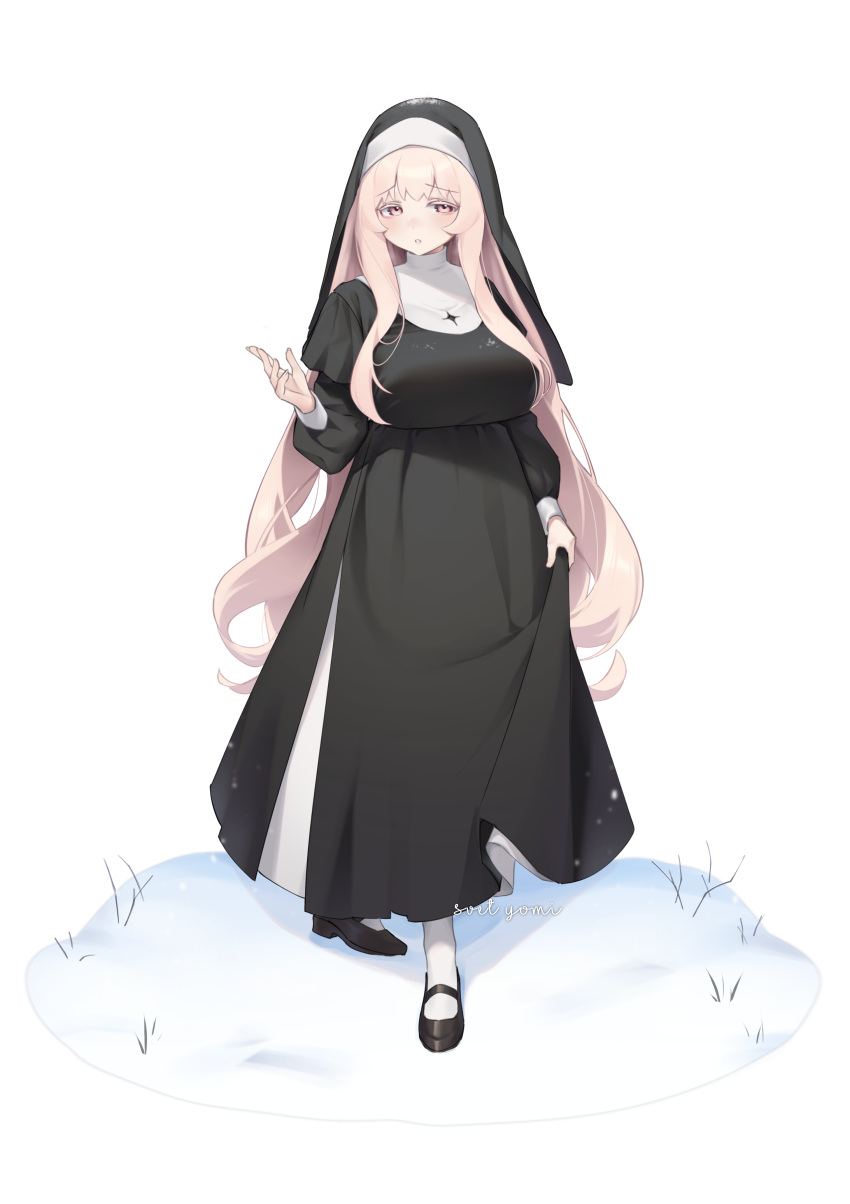 1girl, absurdres, artist_name, black_dress, black_footwear, blanche_neige_(svet_yomi), breasts, dress