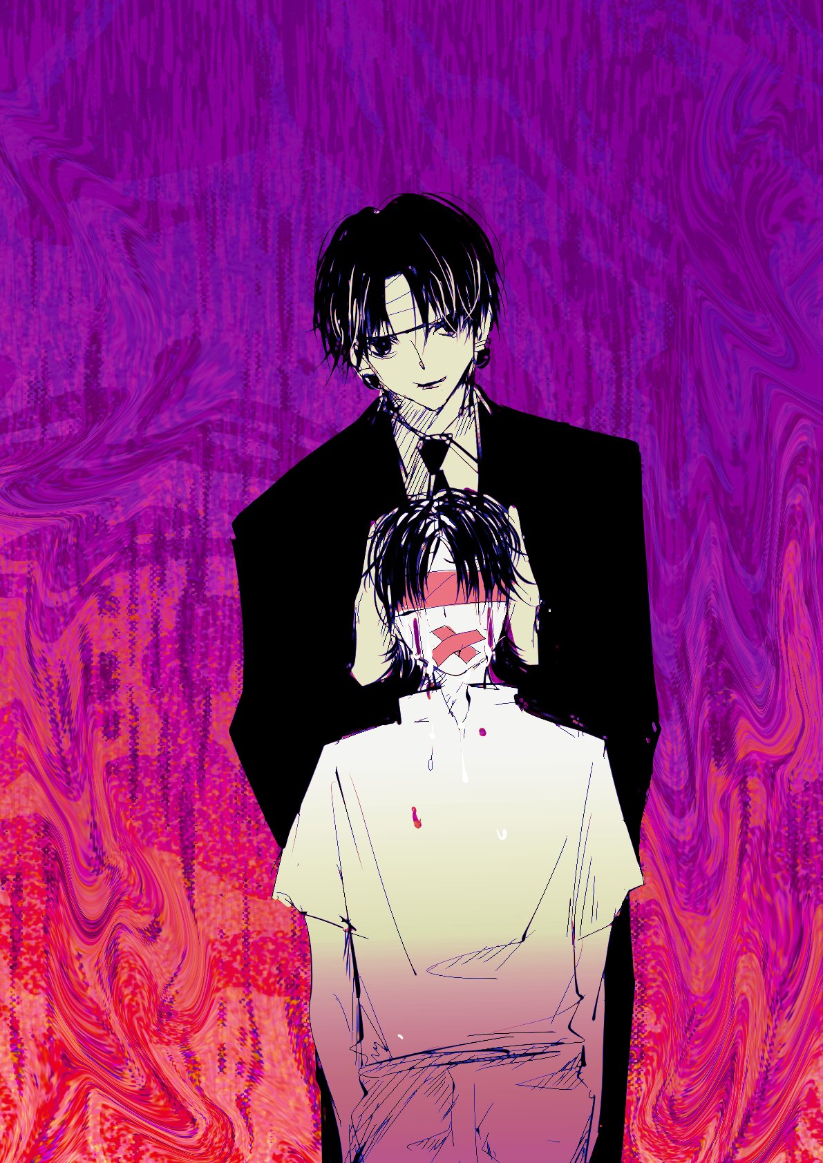 1boy, aged_down, bandaged_head, bandages, black_eyes, black_hair, black_necktie, black_suit