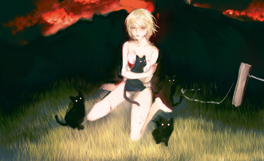 02_ihate99, 1other, androgynous, animal, bare_shoulders, black_cat, blonde_hair, blood