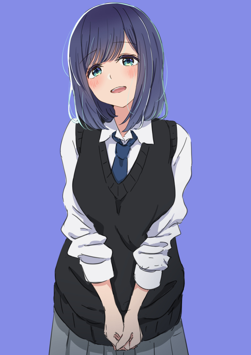 1girl, black_sweater_vest, blue_background, blue_eyes, blue_hair, blue_necktie, blush, collared_shirt