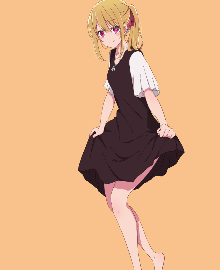 1girl, bare_legs, barefoot, black_dress, blonde_hair, blush, closed_mouth, collarbone