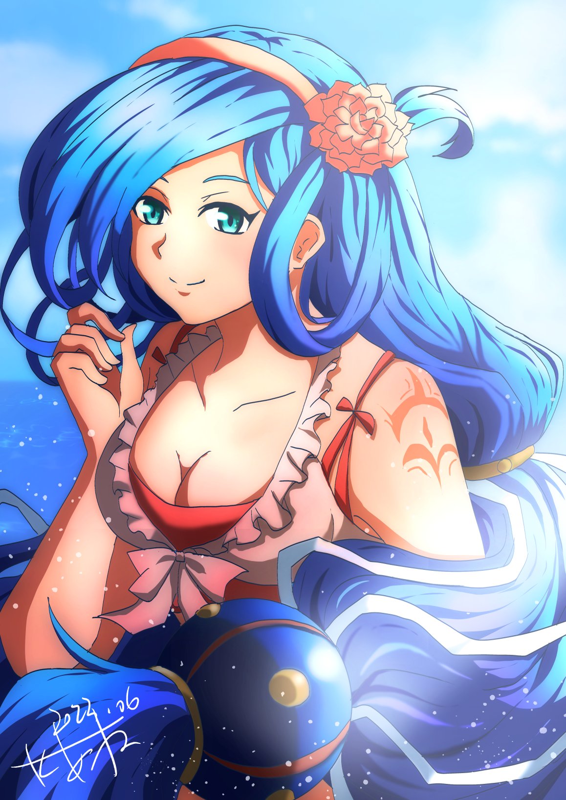 1girl, akane_kazami, arm_tattoo, blue_eyes, blue_hair, breasts, dana_(ys), dated, flower, hair_flower, hair_flower_band, hair_ornament, highres, large_breasts, long_hair, looking_at_viewer, low_ponytail, ocean, portrait, signature, smile, solo, swept_bangs, swimsuit, tattoo, ys, ys_viii_lacrimosa_of_dana