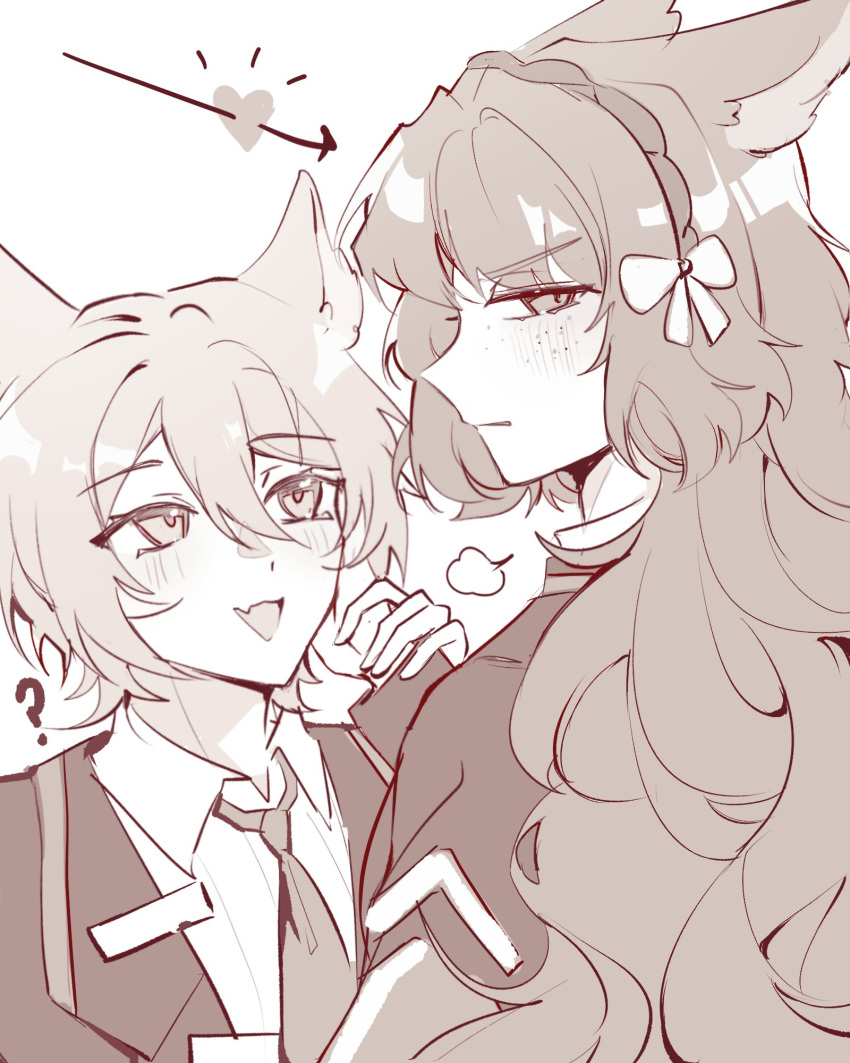 2girls, :d, =3, ?, animal_ears, arrow_through_heart, blush, bow
