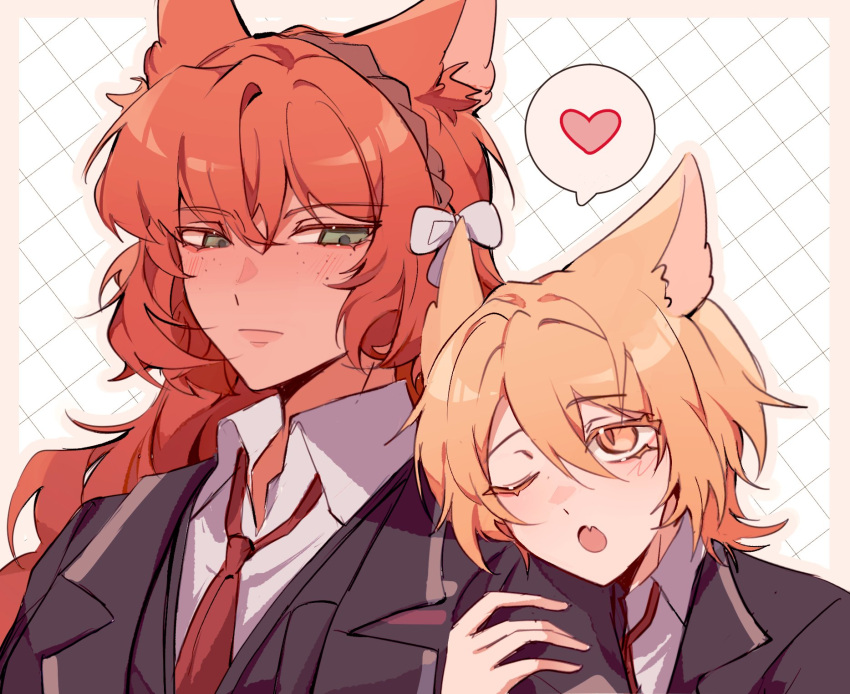 2girls, :o, animal_ear_fluff, animal_ears, arm_hug, black_jacket, black_vest, blonde_hair