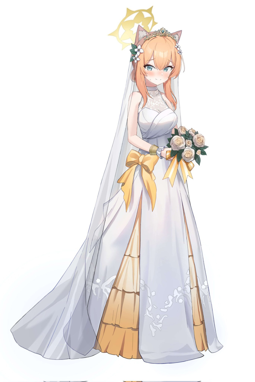 1girl, animal_ear_fluff, blue_archive, blush, bouquet, bridal_veil, dress, flower