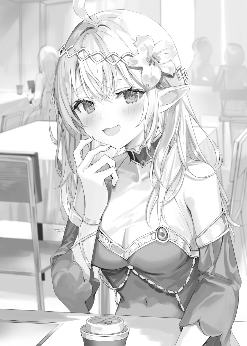 absurdres, ahoge, alisa_mikhailovna_kujou, bare_shoulders, breasts, chair, coffee_cup, covered_navel, cup, disposable_cup, fake_elf_ears, flower, greyscale, hair_flower, hair_ornament, hand_up, highres, indoors, jewelry, long_hair, looking_at_viewer, momoko_(momopoco), monochrome, novel_illustration, official_art, open_mouth, smirk, table, tokidoki_bosotto_roshia-go_de_dereru_tonari_no_arya-san