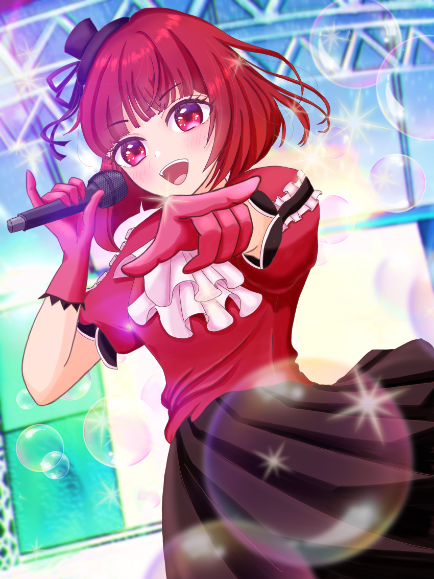 1girl, :d, absurdres, arima_kana, ascot, black_skirt, blunt_bangs, blush