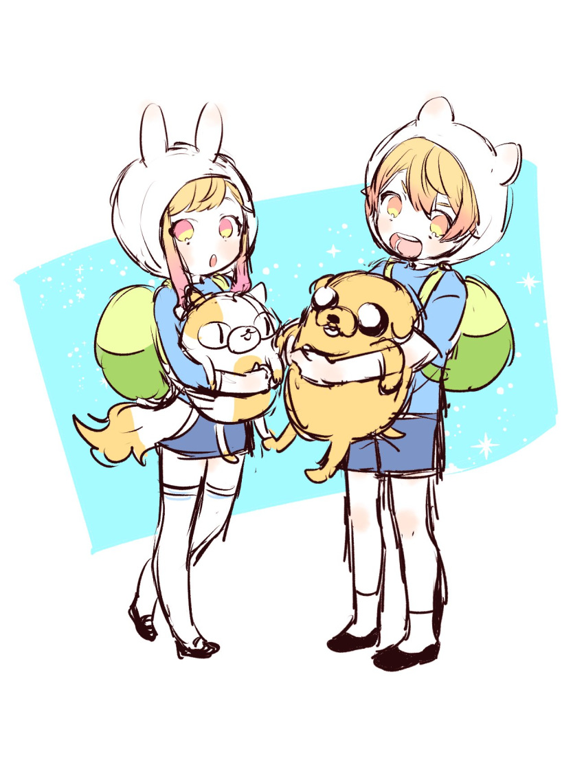 1boy, 1girl, adventure_time, aged_down, alternate_costume, animal_ears, animal_hood, aqua_background, backpack, bag, black_footwear, blonde_hair, blue_shirt, blue_shorts, brother_and_sister, cake_(adventure_time), chestnut_mouth, colored_tips, commentary, cosplay, double-parted_bangs, finn_the_human, finn_the_human_(cosplay), fionna_the_human_girl, full_body, gradient_hair, green_bag, highres, hood, hood_up, jake_the_dog, legs_apart, mole, mole_under_eye, multicolored_hair, open_mouth, orange_eyes, pink_eyes, pink_hair, poppu_usagi, project_sekai, rabbit_ears, shirt, shoes, short_hair, short_sleeves, shorts, siblings, sidelocks, sketch, sleeves_past_elbows, slit_pupils, socks, standing, star_(symbol), stuffed_animal, stuffed_cat, stuffed_dog, stuffed_toy, swept_bangs, teeth, tenma_saki, tenma_tsukasa, thigh-highs, two-tone_background, two-tone_bag, two-tone_eyes, upper_teeth_only, white_background, white_hood, white_socks, white_thighhighs