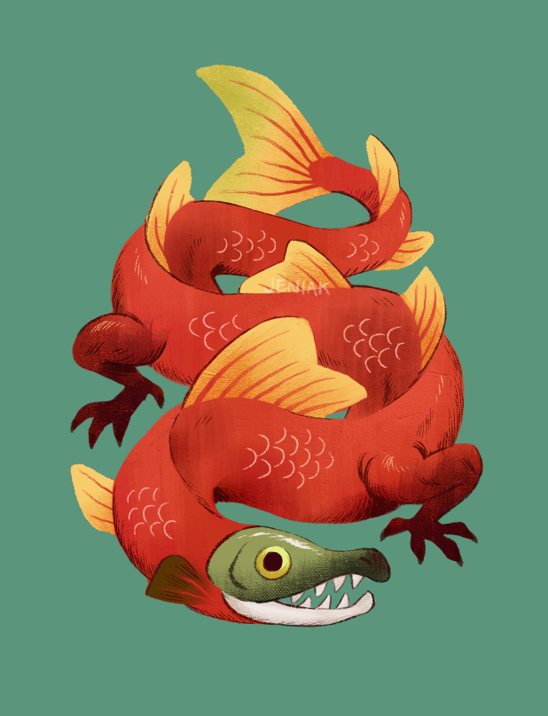chimera, claws, dorsal_fin, dragon, english_commentary, fantasy, fins, fish_tail, green_background, jeniak, monster, no_humans, original, pun, salmon_(fish), scales, sharp_teeth, simple_background, snake, tail, teeth