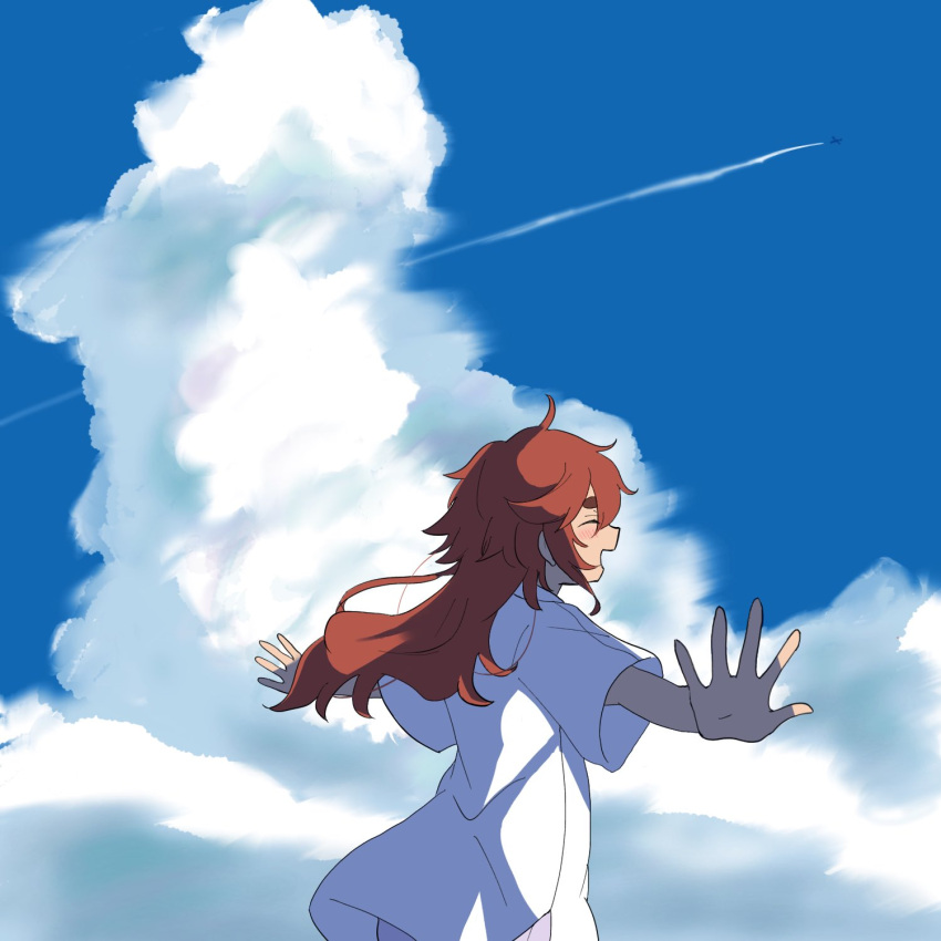 1girl, blue_sky, closed_eyes, clouds, cloudy_sky, commentary_request, day, from_behind