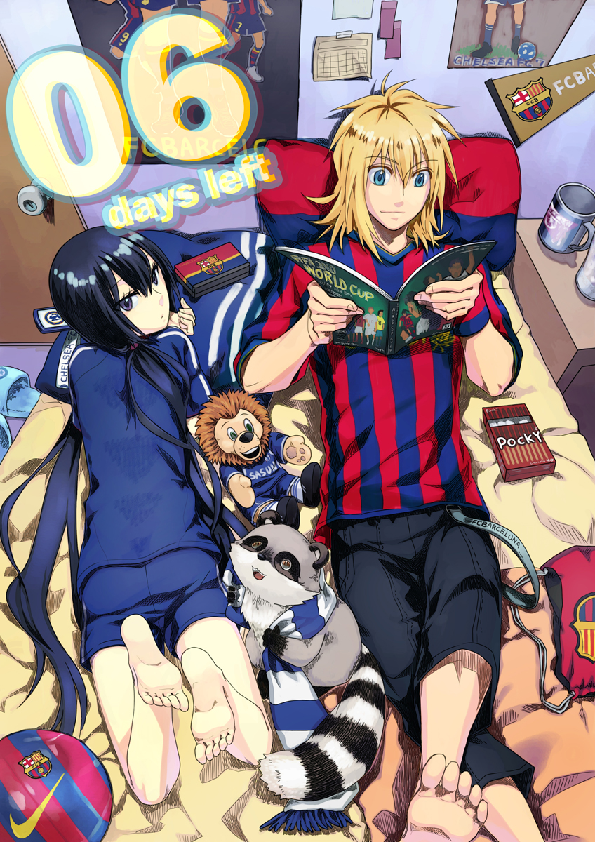 animal, ball, barefoot, black_hair, bliss_(artist), blonde_hair, blue_eyes, chelsea_fc