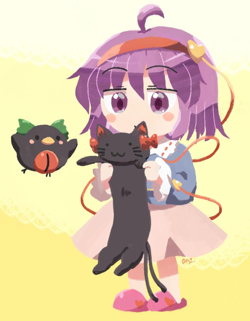 1girl, ahoge, animal, black_cat, blue_shirt, blush_stickers, cat, commentary_request