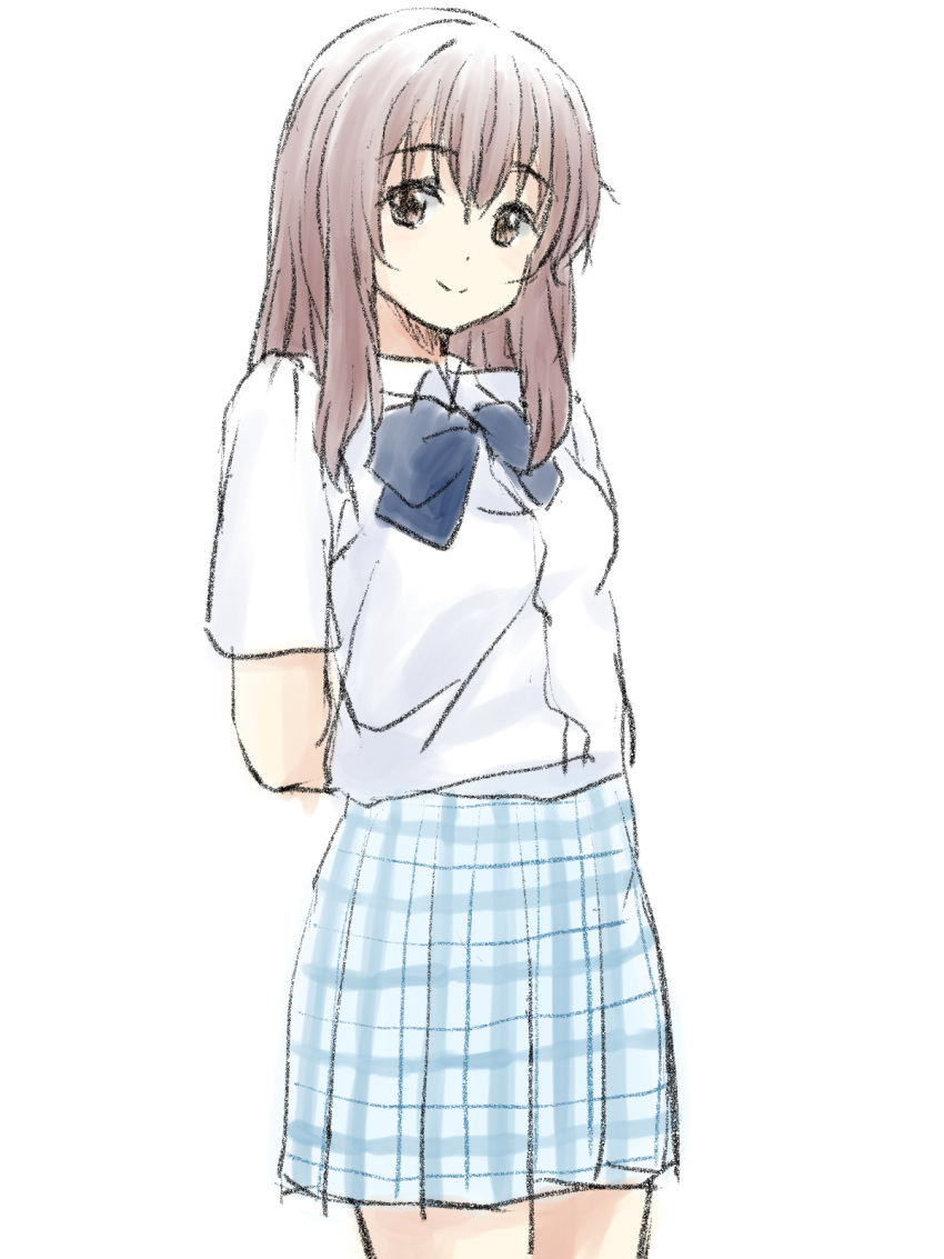 1girl, arms_behind_back, blue_bow, blue_skirt, bow, brown_eyes, brown_hair, closed_mouth